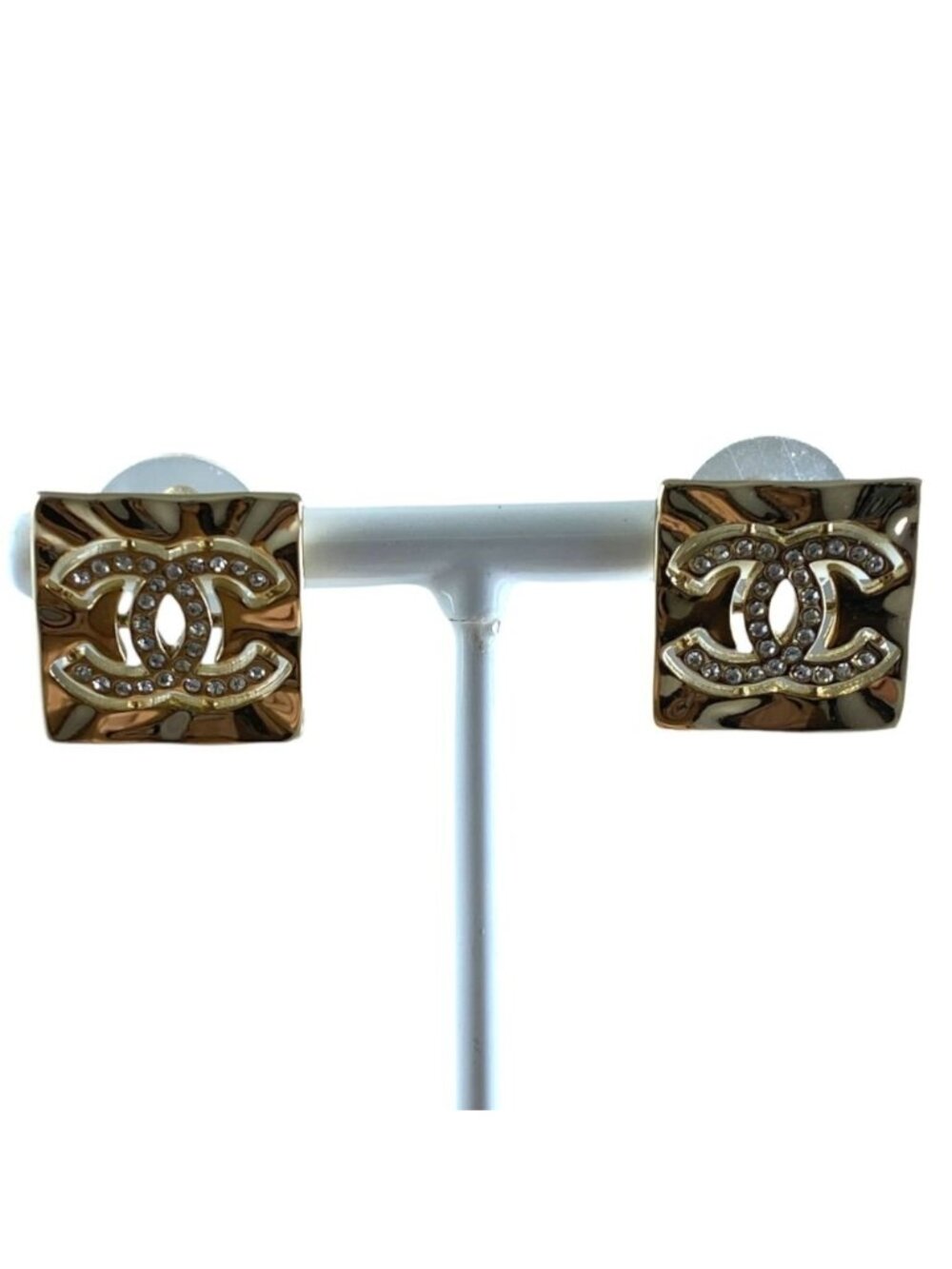 Chanel Earrings CC Logo Square Rhinestone Champagne Gold